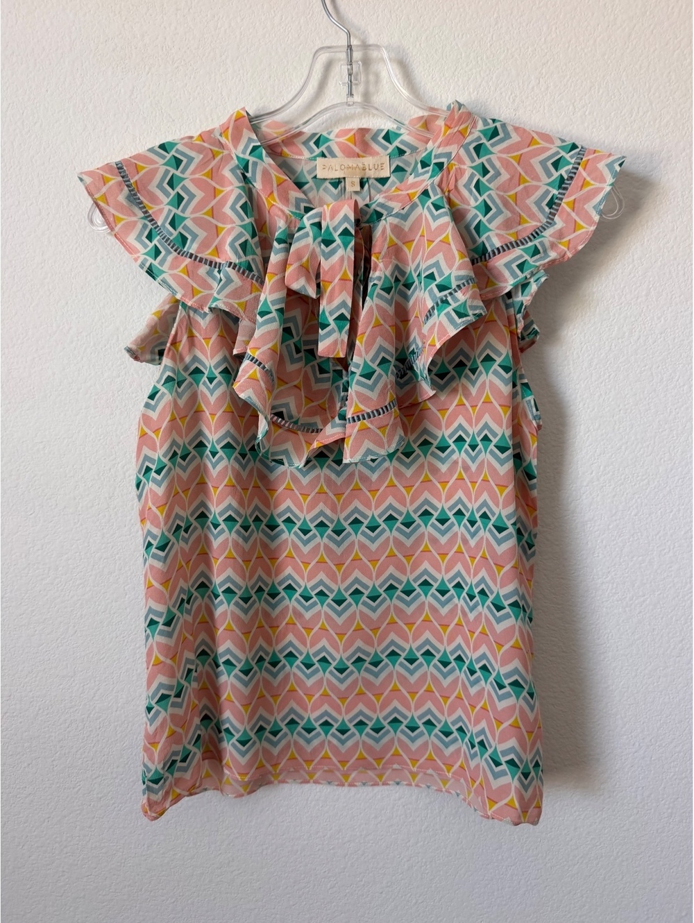 Paloma Blue Colorful Geo 100% Silk Ruffled Short Sleeve Tie Neck Blouse Size S